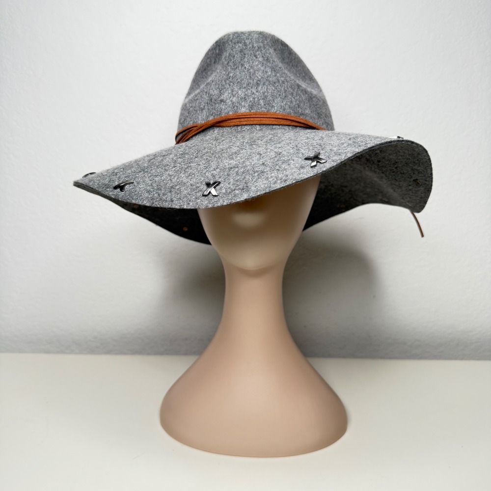 Quagga Green Label Fedora Hat Women Gray Wool Studded Wide Brim Boho Sustainable